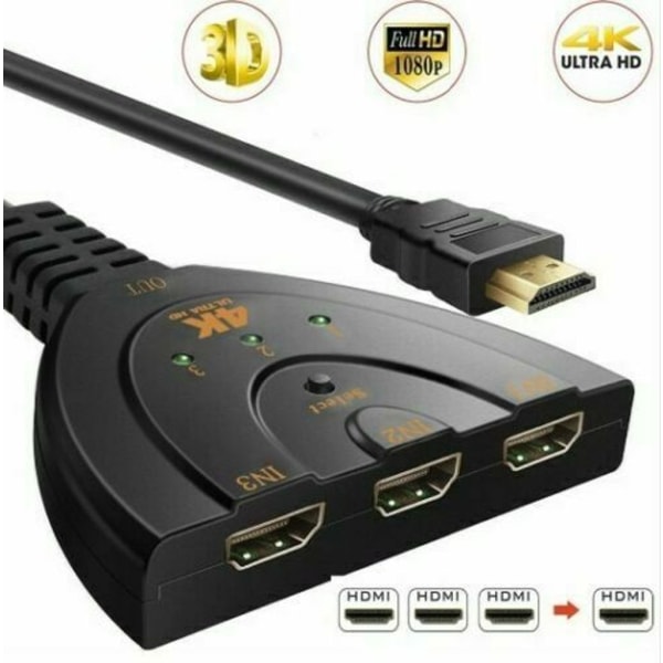 HDMI 3-i-1 Kabeldelare Switch Adapter Full HD 4K 1080P