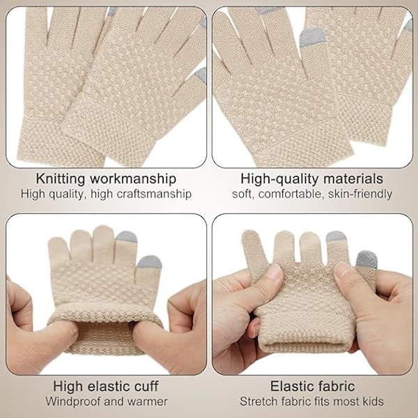 Vintermössa, Halsduk och Vantar Set för Barn, 3-Delar Stickad Varm Crochet Tjock Fluffig Halsduk Pom Pom Mössa Två Fingrar Touch Screen Vantar Set Beige