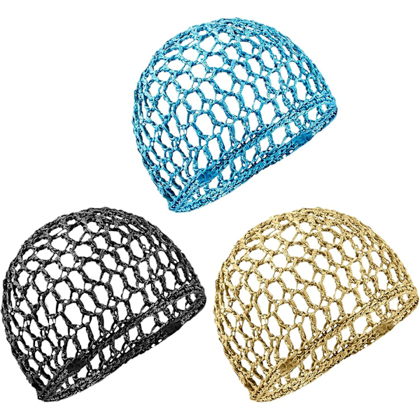 3-Pakning Heklet Hårnett i Mesh, Rayon Strikket Snood-hatt, Tykke Hårnett Snoods Dekorasjon for Nattsøvn