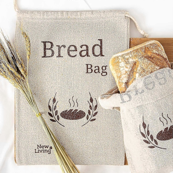 2-pack New Living Brödpåse i Naturligt Linne | Ekologisk Blandning | 2 X Återanvändbara Brödpåsar | Matförvaringspåse | Brödförvaringspåsar | 38x27 Cm | Ekologisk Brödpåse