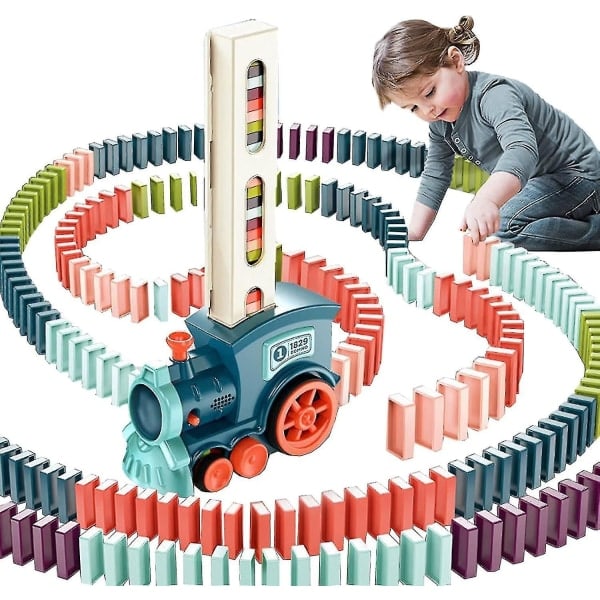 Domino Tog Leker, 60 Deler Domino Tog Byggeklosser Sett, Automatisk Domino Legging Akustisk Elektrisk Tog, Domino Tog Leker for Barn