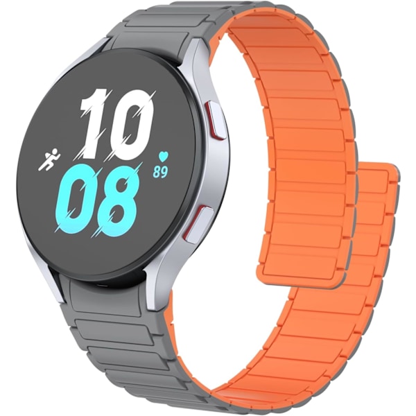 Blød rem kompatibel med Samsung Galaxy Watch 4/5/6 rem til kvinder og mænd, klassiske silikone sportsbånd med magnetisk lukning Grey/Orange