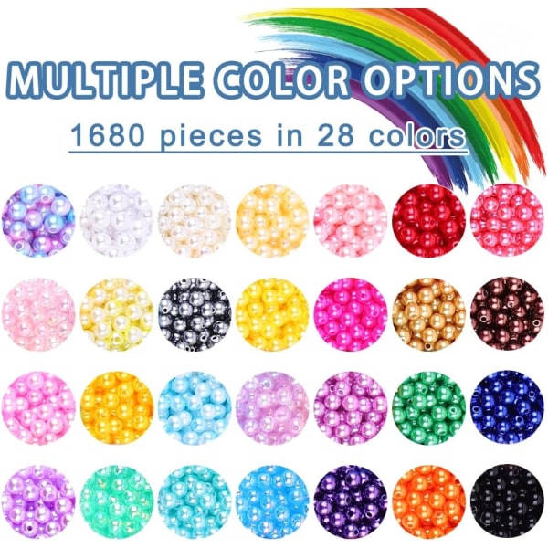 DIY 28 Farver Perleperler til Smykkefremstilling, 1680 stk Runde Glasperleperler Plastik Imitation Farvet Faux Spacer Perleperler