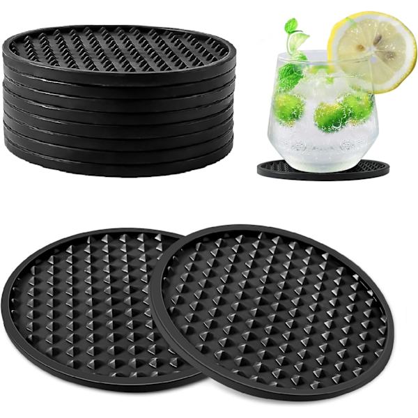 8 stk Sorte Underkopper, Tyk Design (0,5 cm) Runde Kopper Underkopssæt af 8, Silikon Underkopper til Drikkevarer, Kaffe Pads Øl Barmåtte Black（spikes）