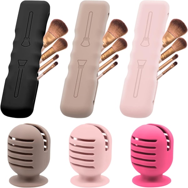 Sminksvampborsthållare, silikonborsthållare för sminkborstar, reseförvaring för skönhetssvampar, sugkoppstorkställ, magnetiskt sminkborsthållare 6p-black+pink+khak