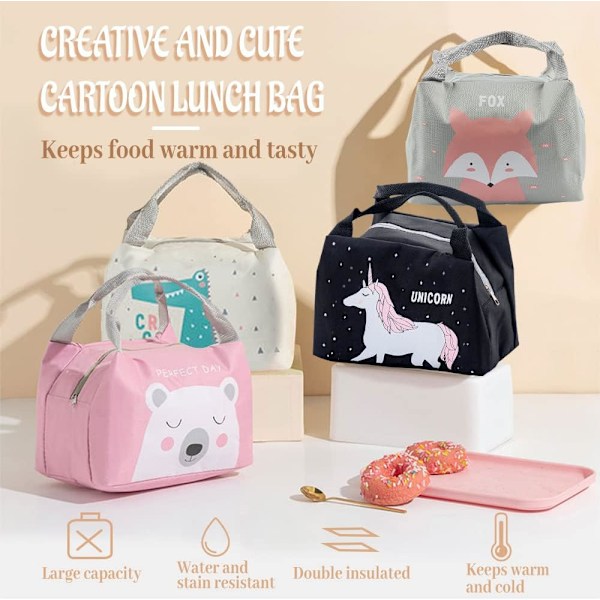 Lunchväska för flicka, Mini Isotherm Lunch Bag, Kylväska Barn, Picknickväska Söt, Vattentät Lunchväska, Fällbar Lunchväska för Arbete Skola Picknick Black