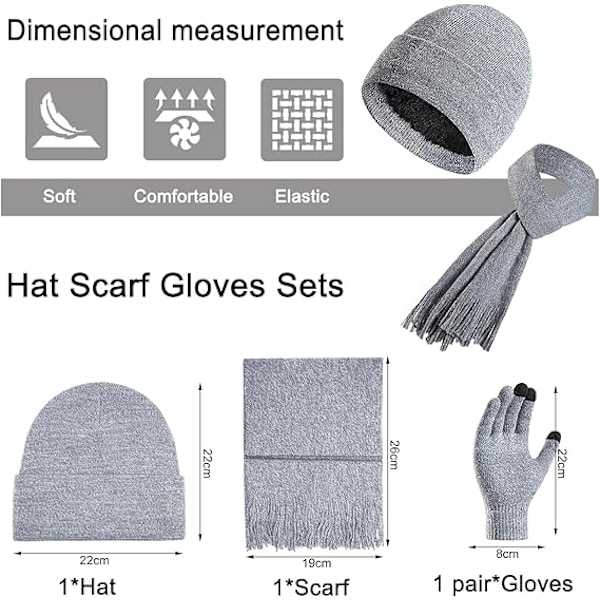 Vinter Unisex Beanie Hatt, Skjerf og Hansker Sett, Elastisk Strikket Hatt Langt Skjerf Berøringsskjermhansker Med Tykk Fleece Innerfôr for Menn og Kvinner Grey