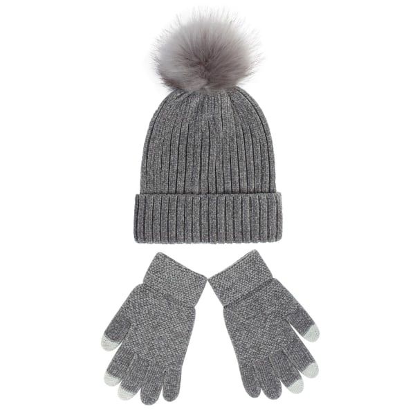 Strikkede hue kvinder ny Chenille uldhue handsker sæt fortykket varm fluffy hue efterår og vinter Læder Dark gray