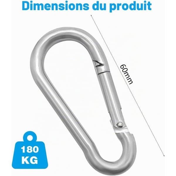 Karabinhager i rustfrit stål, 12 stk., 6 x 60 mm, kroge i rustfrit stål, velegnet til nøgleringe, hængekøjer, markiser osv.