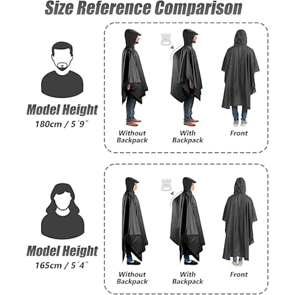 Vattentät poncho för vuxna, återanvändbar regnponcho för vuxna, vattentät poncho, vattentät, lätt regnrock för utomhusvandring och camping Black