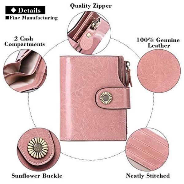 Liten damplånbok i äkta läder med RFID-blockering, liten plånbok med dragkedjefickor Pink