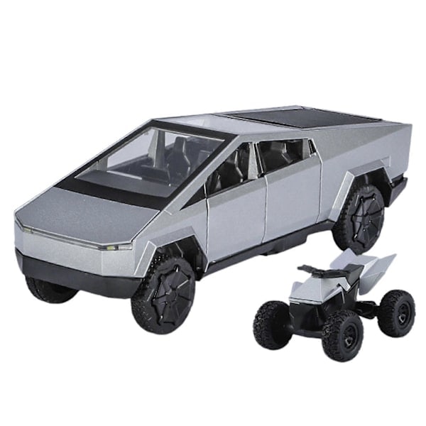 1:32 Metall Cybertruck Modell, Trekk-og-Slipp Lastebil med Fungerende Dører, Panser, Bakluke, Lys & Lydeffekter, Billeker for Barn Gave Silver