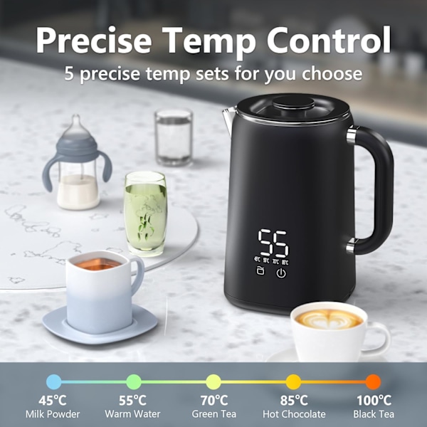 1,7L Elektrisk Vattenkokare Temperaturkontroll 45-100 °C, Automatisk Avstängning, Inoxide Vattenkokare Maple, 1500W