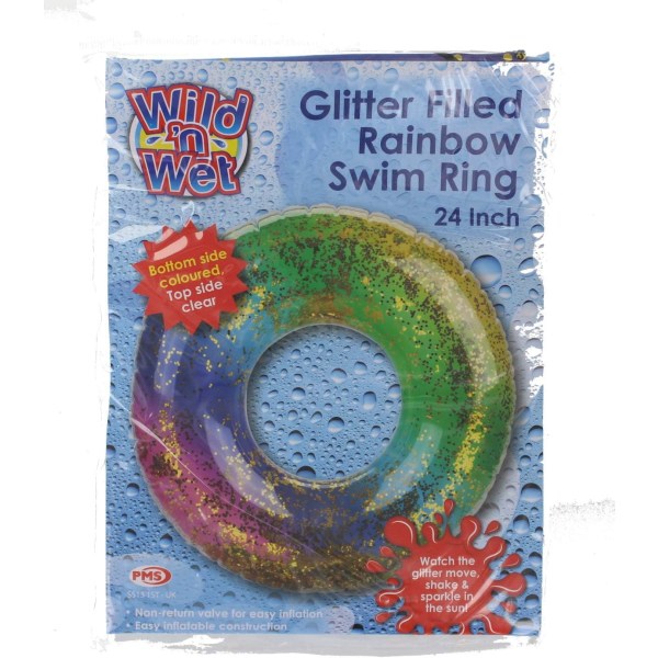 Wild n Wet Uppblåsbar Glitterfylld Regnbågsbadring Sommarstrand Pool Float Gummiring 24”