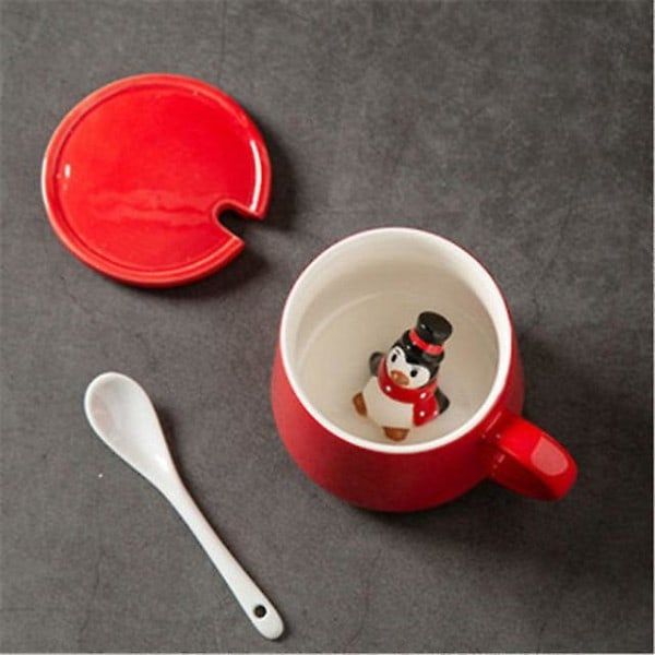 Julekrus Par Keramik Santafigurer med Låg og Ske Ny Lågdesign Feriestil Kontor Hjem Mælk Kaffe Kop Pingvin Penguin