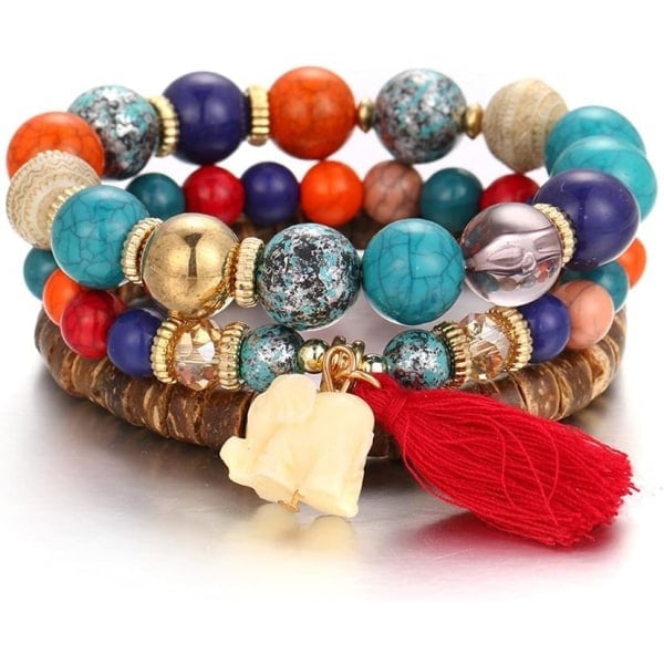 Armband med träpärlor, flerlagers stretcharmband med fransar, set med elefantarmband Red