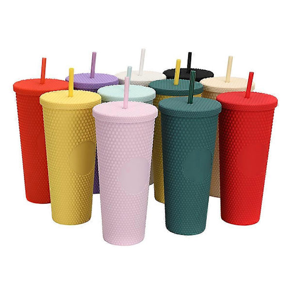 710ML/24OZ Stor Vandkop med Fuld Besætning Mat Tumbler Genanvendelig Plastikkop med Bred Åbning Lækagesikker Låg Strå Beige