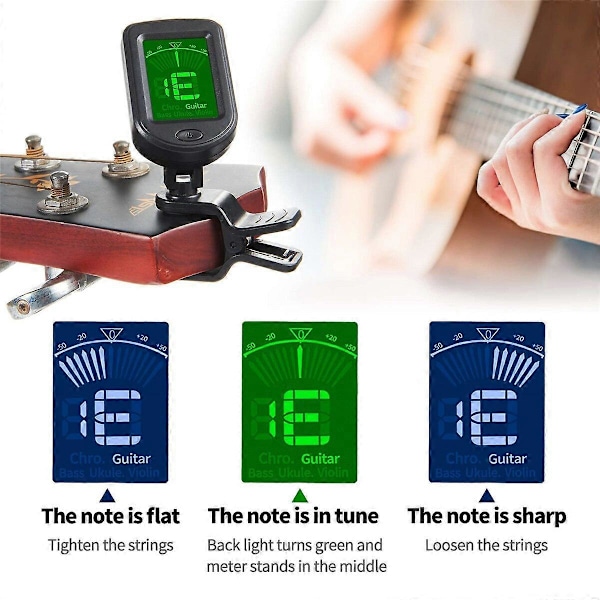 Gitarrstämapparat för alla instrument - Clip-on elektronisk stämapparat för gitarr, bas, ukulele, violin, mandolin, banjo