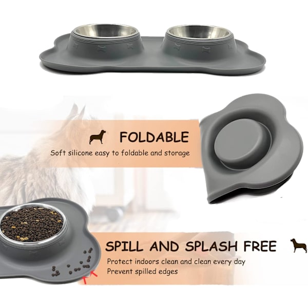 1 st. Hundskålar Halksäkra Dubbla Skålar i Rostfritt Stål med Spillskyddande Silikonmattor för Katter Hundar Valpar Mat Vatten Matning Grey M