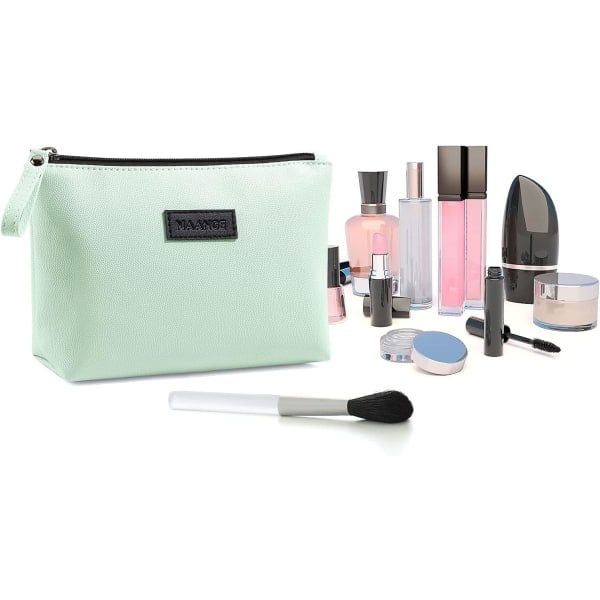 Lille kosmetiktaske til håndtaske, lille makeup taske, bærbar rejsetaske, vandtæt PU læder makeup taske med håndtag Green and Blue