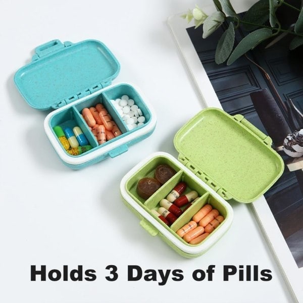 2-pack liten pillerask med 3 fack, daglig pillerask för fickan, rese-pillerask, portabel pillerbehållare Green