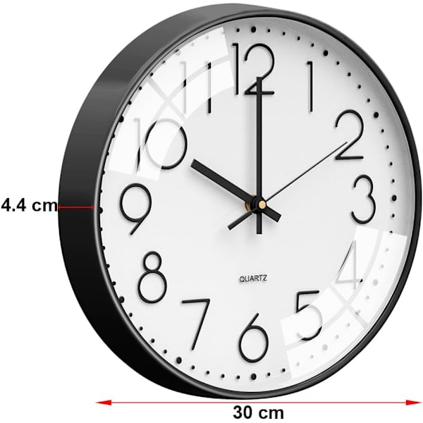 12 tommer lydløs vægur uden tikken 30 cm moderne kvarts-vægur med sekundviser, batteridrevet, til hjemmet, stuen, soveværelset, kontoret, køkkenet, skolen Black-white