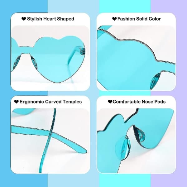 Hjerteformede rammeløse briller, kærlighedsformede briller, transparente farvede hjerteformede briller, multipak, fashionable, funky briller