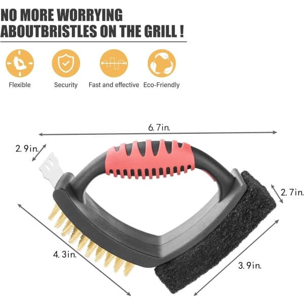 Grillbørste i messing for utendørs grill, multifunksjonell med messingbustbørste, rød, 17,8 cm