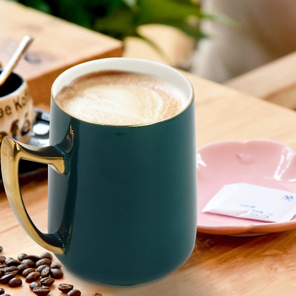 Keramisk Kaffe Kop, Øverste Kopmund Guldkant og Guldhåndtag Kopper, 450ml Keramisk Kop med Låg og Rustfrit Stål Ske