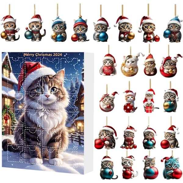 Katte Julekalender 2024, 24 Dages Juleafsætningskalender med Søde Kattedukker, Julepynt