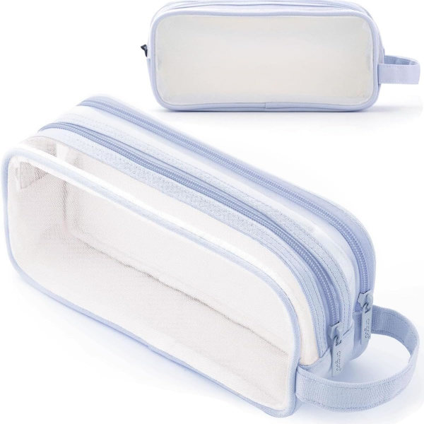 Mesh Gennemsigtig Blyantsæske med 2 rum og lynlås, Klar Blyantsæske til Skole, College, Hjem, Kontor, Eksamen Blyantsæske Lightblue