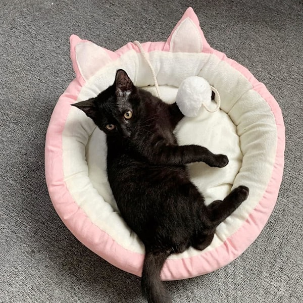 Katteseng Katteberoligende Senger Kattesoveseng med Kattepompom Leke Avtakbar Vaskbar Fluffy Kattesenger for Innendørs Katter - Rosa