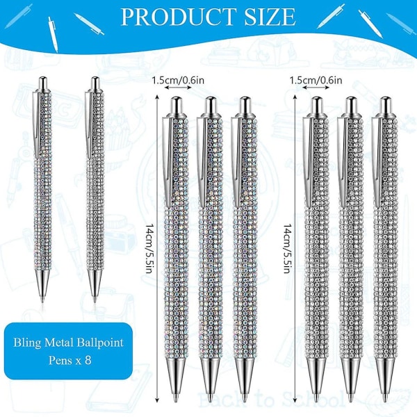 8 stk. Søde Pen Bling Diamant Jule Rhinestones Gave Metal Kuglepen Fancy Glitrende Krystal B