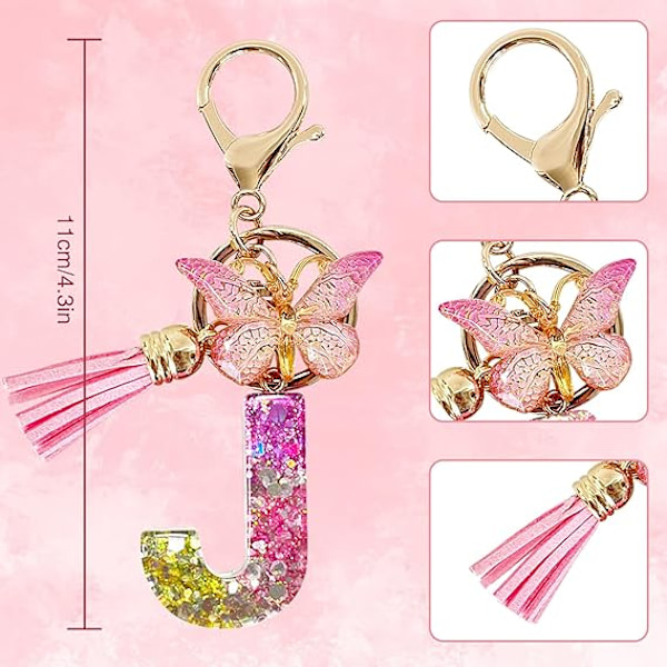 Alfabetet nøglering ringe Pink Cute nøglering med sommerfugl kvast vedhæng indledende bogstaver J