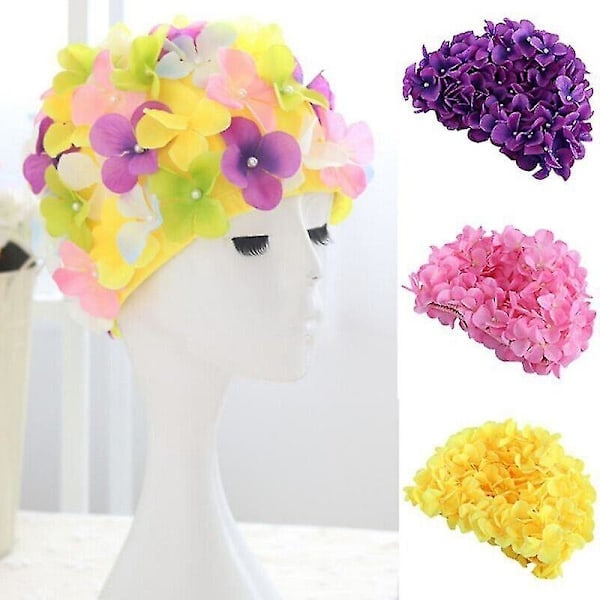Svømmehette for kvinner, blomstret retro 3D, blomstermønster pink