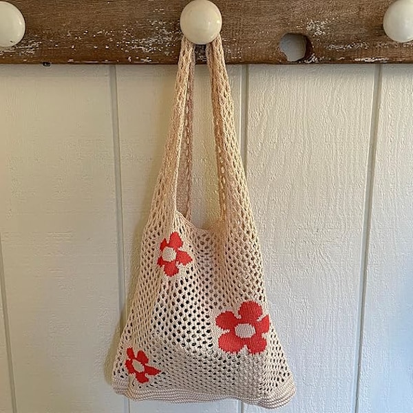 Kvinders Hæklet Tote Bag Sommer Strand Vævet Taske Stor Boho Strikket Skuldertaske Blomst Slouch Mesh Hul Tote Bag Shopping Rejse Casual Pung Ferie Beige