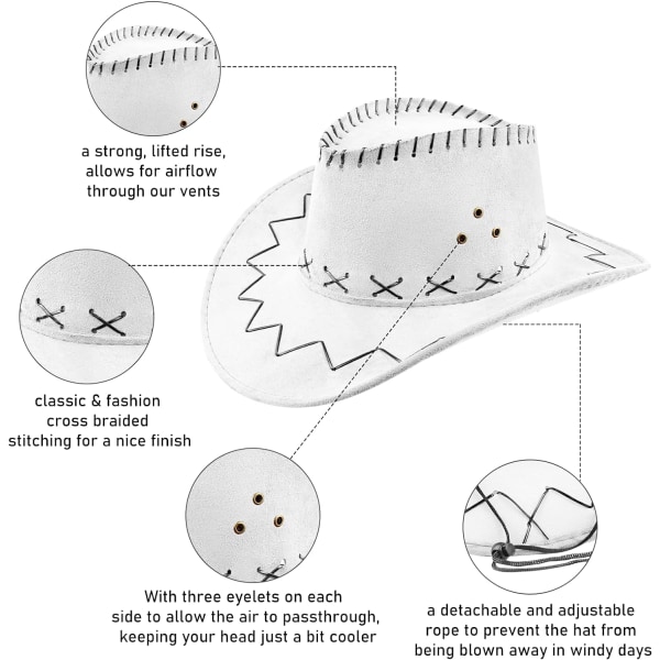 Cowboyhatt i semsket skinn, bredbremmet, vestlig cowboyhatt, autentisk Gunslinger-hatt, filtcowboyhatt for menn og kvinner A-white