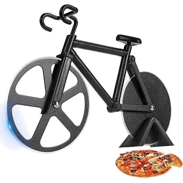Polkupyörän pizzaleikkuri - Hauskoja tupaantuliaisia miehille - Pyörän pizzaleikkuri - Hienoja keittiölahjoja - Ruostumattomasta teräksestä valmistettu pizzaleikkuri - (Musta)