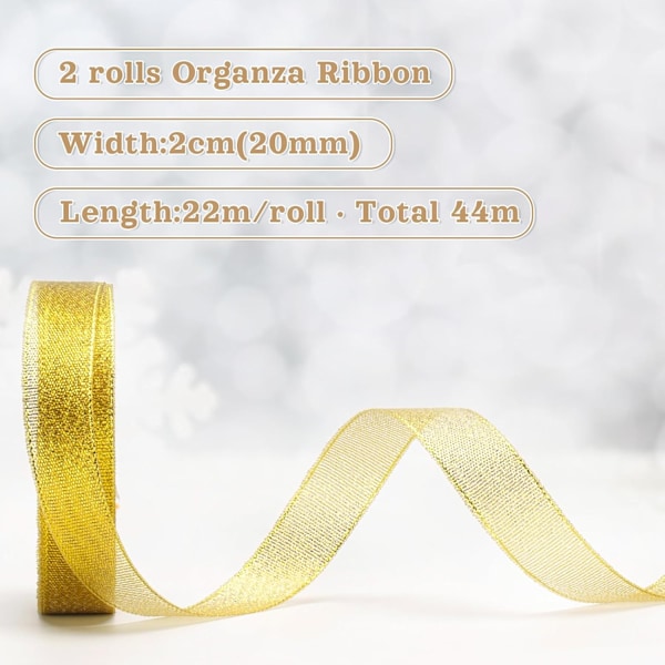Organza presentförpackningsband, 20 mm glittrande dekorativt julband, band för presentinslagning 22 m glitter metalliskt band för julinslagningspresent Gold