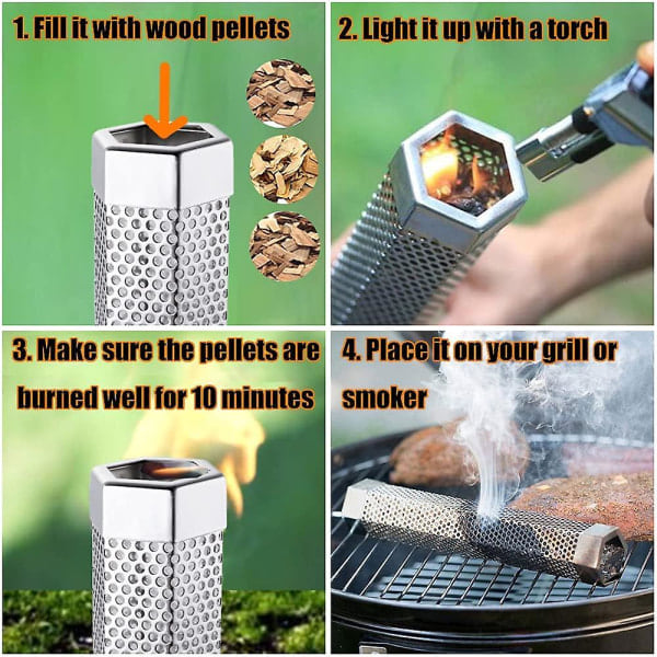 Røykpatron for pelletgrill, oste-røykrør, rustfritt stål, kaldt røykrør for pellets, fungerer med alle elektriske, gass- og kullgriller