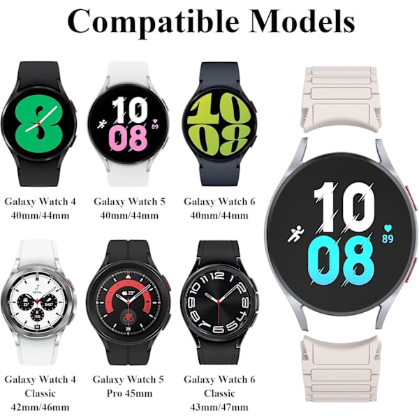 Blød rem kompatibel med Samsung Galaxy Watch 4/5/6 rem til kvinder og mænd, klassiske silikone sportsbånd med magnetisk lukning Starlight