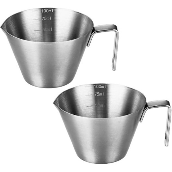 Espressokoppar, 2-pack rostfritt stål espressomätkopp med skalmarkering och örnnäbb, 100 ml espressohällningskopp Barista-kaffetillbehör