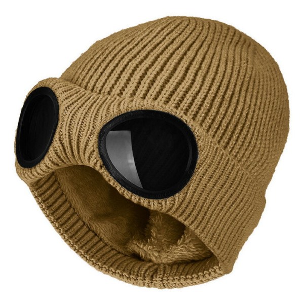 Unisex Strikket Beanie Vinterhue Fleeceforet Varme Sportshætter med Goggles Beanie Skihue Strækbar Beskyttende Hat Indendørs Udendørs Khaki