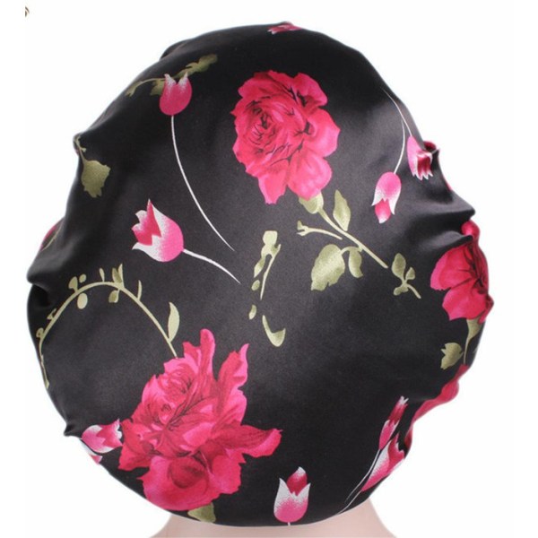 (Black Flower) Women's Broadband Stretch Satin Night Cap Shower Cap