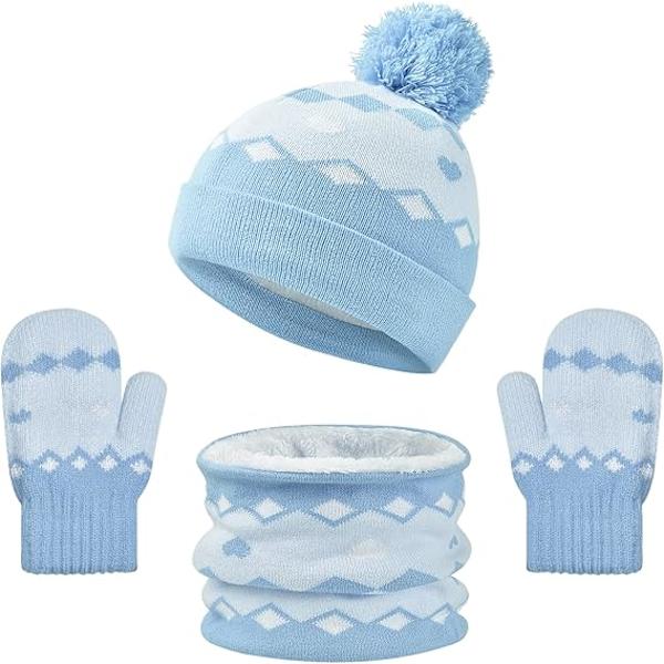 Stickad mössa, halsduk och vantar för barn, vintervarm mössa med pompom för småbarn, fleecefodrad halsduk och vantar, 3-delars set för kallt väder A Blue