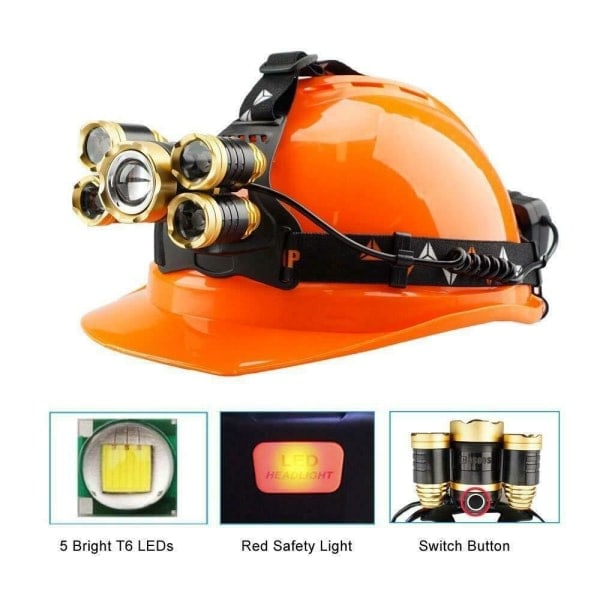 Kraftfull pannlampa 5x T6 LED med batterier + 12V laddare + bil Svart