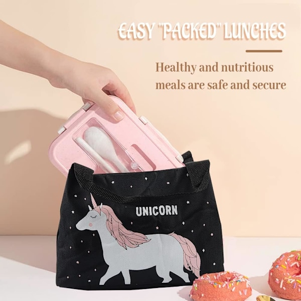 Lunchväska för flicka, Mini Isotherm Lunch Bag, Kylväska Barn, Picknickväska Söt, Vattentät Lunchväska, Fällbar Lunchväska för Arbete Skola Picknick Black