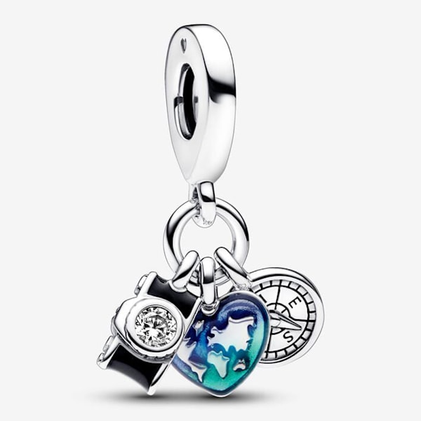 Pandora Sterling Sølv Kamera, Hjerte og Kompas Trippel Vedhæng Charm, Inkluderer Original Æske