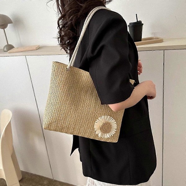 Håndvevd Straw Skulderveske for Kvinner Sommer Strandveske Stor Kapasitet Håndveske Tote Bag