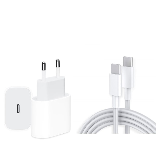 (2-PACK) Samsung S21 S22 S23 og iPhone 15 Lader USB-C 2M + 25W Vegglader (Woven 3M +20W)